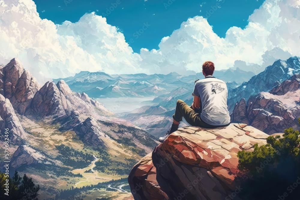A guy sitting on a mountain and admires a beautiful landscape. Back view of unrecognizable young male traveler. Generative AI illustration.