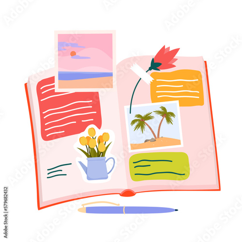 Open paper diary vector illustration. Cartoon cute notebook for handwritten notes, top view of book or journal with beautiful flower and leaf, travel photo on pink pages, pen on desk to write memory