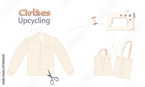 Concept of upcycling. Second use of male shirts remade into a bag. Set of crafting elements isolated on white background.