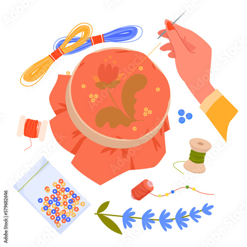 Handmade embroidery vector illustration. Cartoon hand embroidering flower drawing with needle and thread, needlework hobby collection with fabric on hoop and yarn, spool, handiwork accessories
