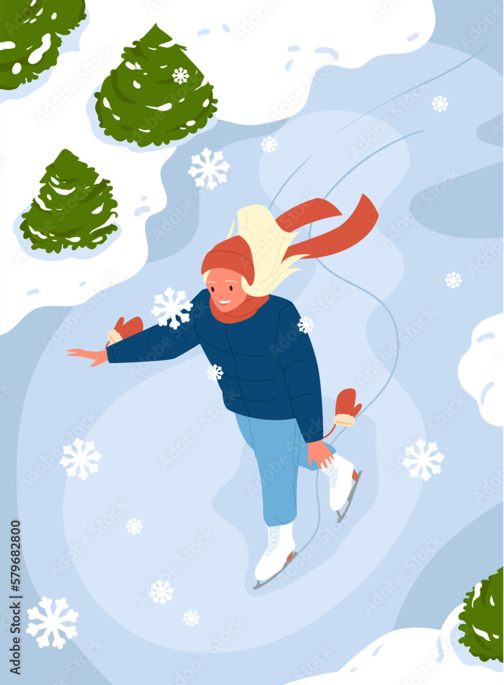 Girl skating on ice rink, top view of figure dance outside vector illustration. Cartoon snowy winter wonderland scene with cute young woman wearing gloves, scarf and skater boots and dancing alone