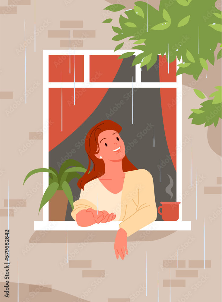 Happy woman in open window enjoying summer rain and weather vector illustration. Cartoon girl holding raindrops in hand, looking from home outside with positive emotions of life moment and joy