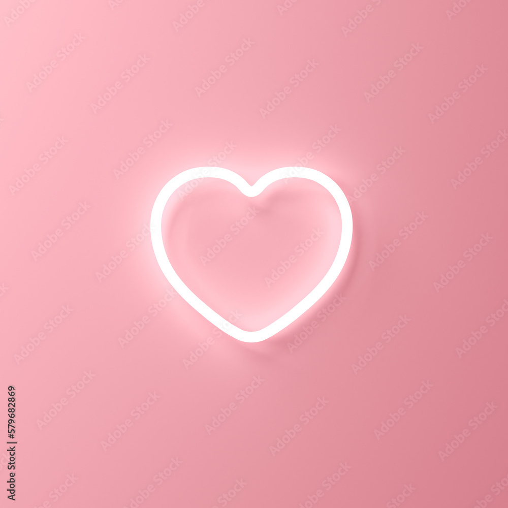 Neon love like heart icon isolated on pink pastel color wall background with shadow minimal conceptual 3D rendering