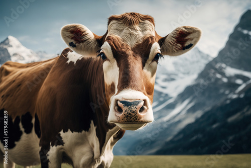 Cow in the mountains, Close Up, Generative Ai