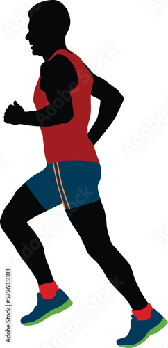 male middle-aged runner running race colored silhouette on white background, vector illustration