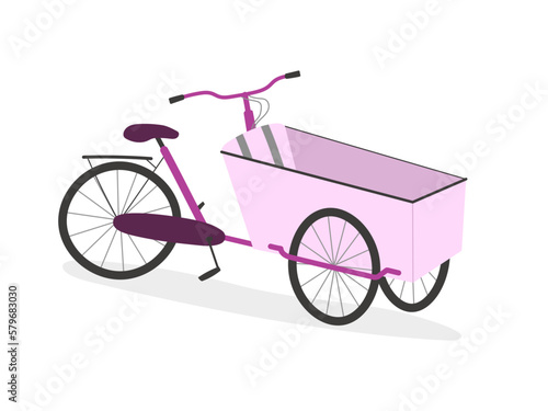 Parent cargo bike with three wheels, box bicycle. Pink cartoon realistic bakfiets on white background.