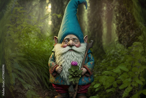 Gnome and fantasy creature in a dark forest, created with Generative AI	