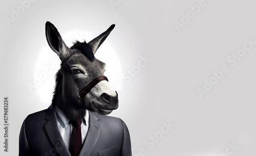 Donkey in a gray business suit. black and white photo. banner. generative AI