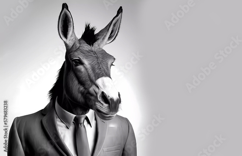 Donkey in business suit banner. generative AI © Olena Dziuba