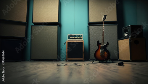 Abstract music rehearsal base with guitar and other equipment. Indoor background. AI generative image.