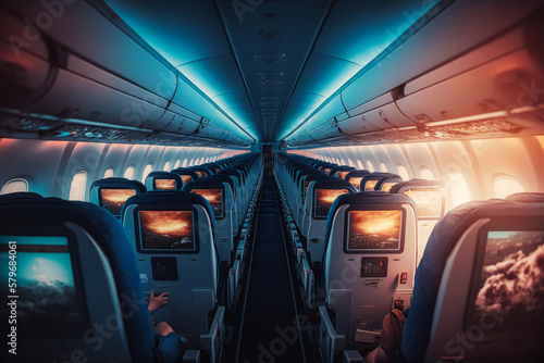 The inside of an airplane with rows of seats. Generative AI.
