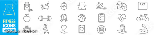Fitness, Diet, Sport, Yoga, Gym, Cardio, Health and Running thin line icons set vector
