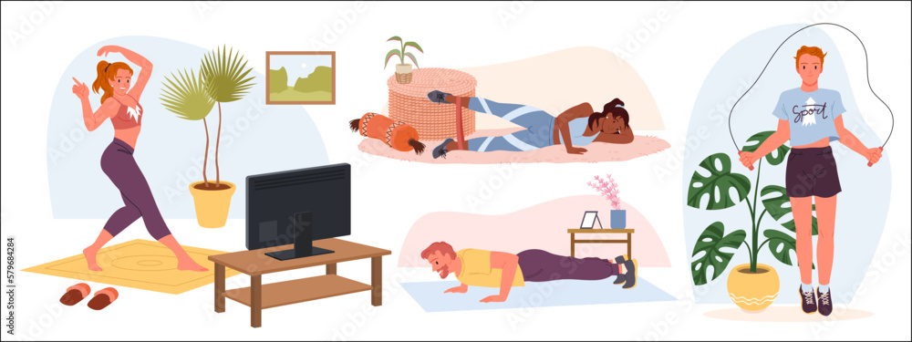 Cartoon women and men training muscles of body with dumbbells, healthy bodybuilding workout of adult young partners in team. Sport exercises of active fitness couple at home vector illustration Cartoon women and men training muscles of body with dumbbells, healthy bodybuilding workout of adult young partners in team. Sport exercises of active fitness couple at home vector illustration