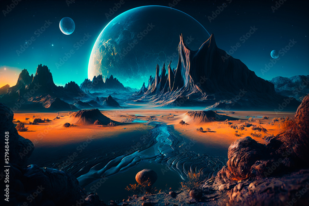 An alien landscape with mountains, rocks and water. Generative AI.