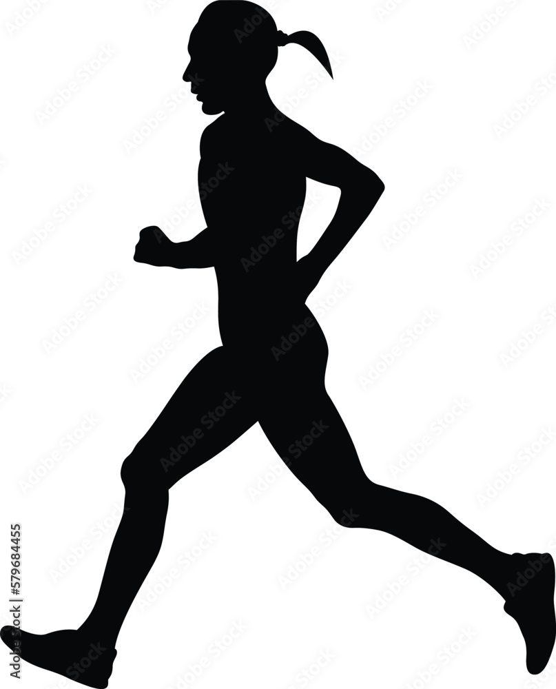 black silhouette european female runner running marathon on white background, vector illustration, summer sports games