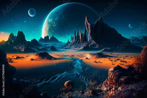 An alien landscape with mountains  rocks and water. Generative AI.