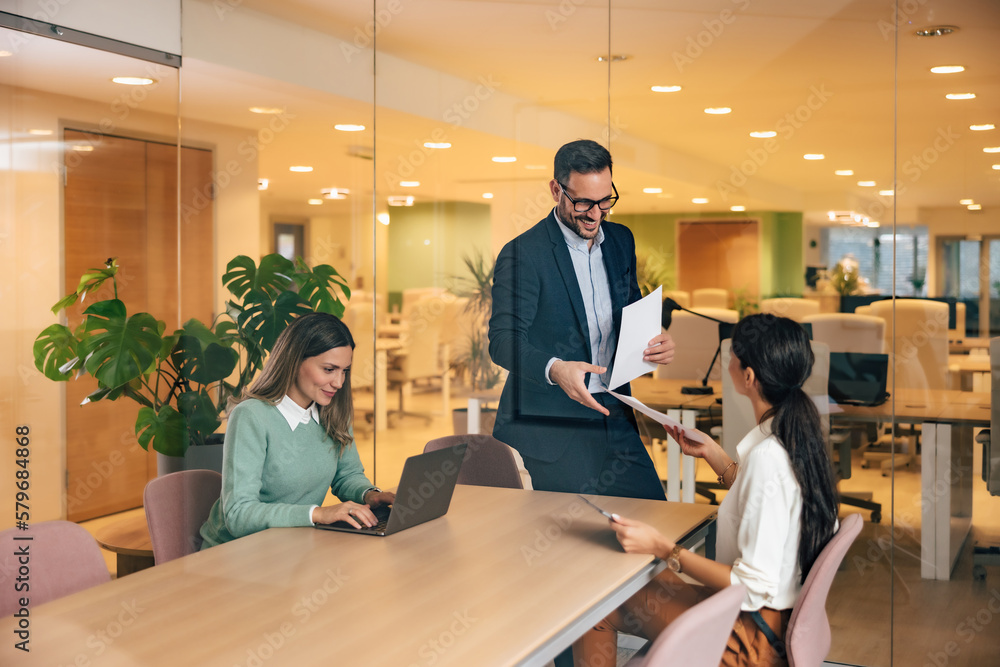 Ambitious businesswoman giving a new business plan to her male boss during the meeting. Ambitious businesswoman giving a new business plan to her male boss during the meeting.