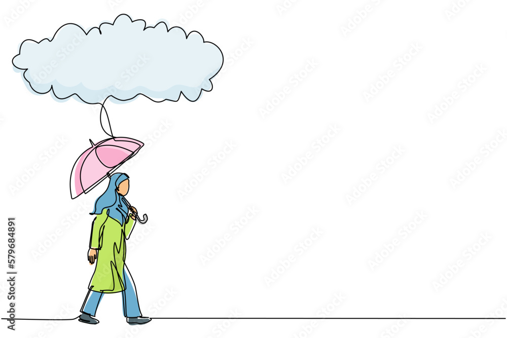 Single one line drawing Arab businesswoman with briefcase and umbrella stand under rain cloud. Depression, passerby at rainy weather. Drenched woman, water pour from sky. Continuous line design vector
