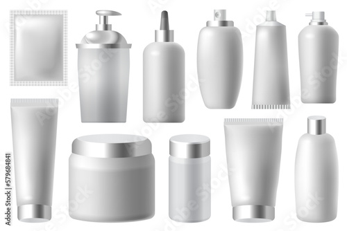 Realistic, 3D rendering, makeup, skin and body care containers mockup set. Cream, tubes, lotion, dropper, balsam, gel, spray plastic bottles and containers with metallic top. Beauty and health care.