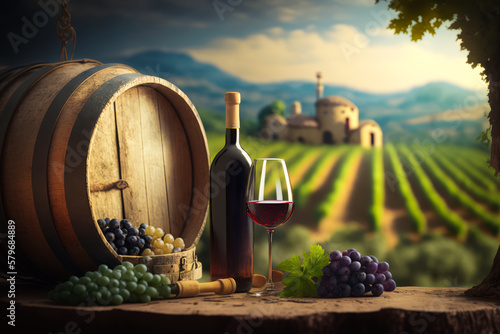 Glass of wine and barrel of grapes in front of vineyard. Generative AI.