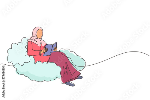 Single continuous line drawing Arabic woman sitting on cloud reading book. Businesswoman. Teacher. Marketer. Director. Chief. Financier. Higher education. Career growth. One line graphic design vector