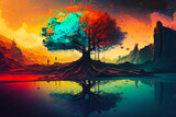 An image of tree in the middle of colorful landscape. Generative AI.