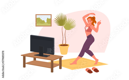 Aerobic exercise and healthy sports morning workout of girl at home vector illustration. Cartoon active fitness woman training in front of TV in living room, watching video lessons and stretching