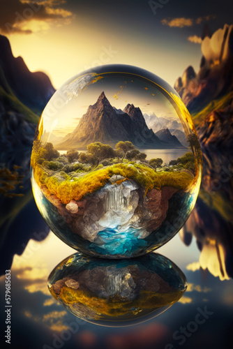 An image of glass ball with mountains and water. Generative AI.