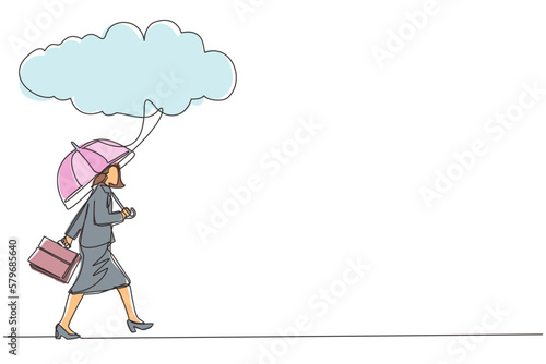 Continuous one line drawing businesswoman with briefcase and umbrella stand under rain cloud. Depression, passerby at rainy weather. Drenched woman, water pour from sky. Single line draw design vector