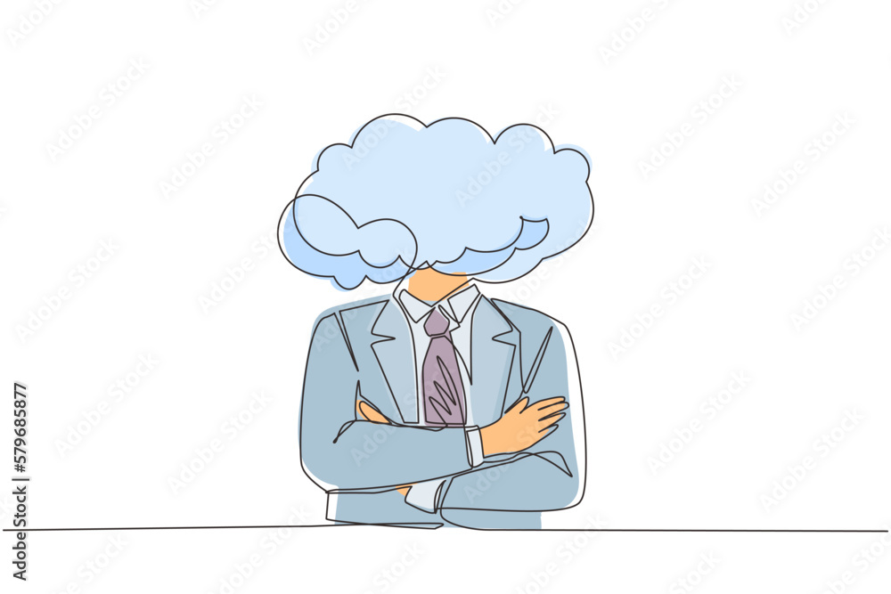 Single one line drawing cloud head businessman. Man with empty head and cloud instead. Distracted, daydreaming, absent and impractical concept. Continuous line draw design graphic vector illustration