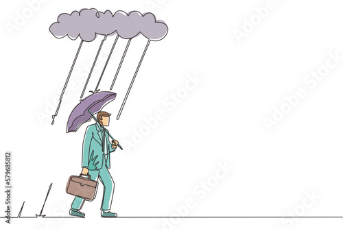 Single one line drawing businessman with briefcase and umbrella stand under rain cloud. Depression, passerby at rainy weather. Drenched man, water pour from sky. Continuous line graphic design vector
