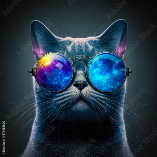 Cat wearing glasses and looking up at the sky. Generative AI. © valentyn640