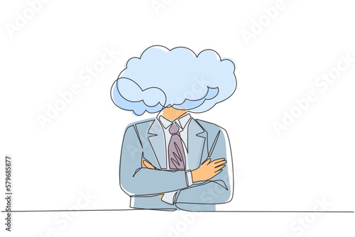 Single one line drawing cloud head businessman. Man with empty head and cloud instead. Distracted, daydreaming, absent and impractical concept. Continuous line draw design graphic vector illustration