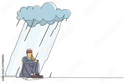 Single continuous line drawing businessman feeling sad and depression sitting under rain and cloud. Unhappy depressed loneliness sad worker in stress with problem. One line draw design vector graphic