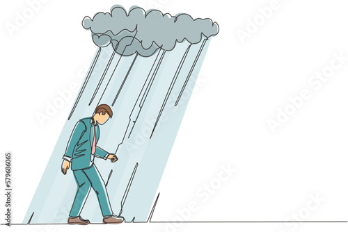 Continuous one line drawing unhappy depressed sad businessman in stress walking under rain cloud. Alone loser male depression. Loneliness in overcast weather. Single line design vector illustration