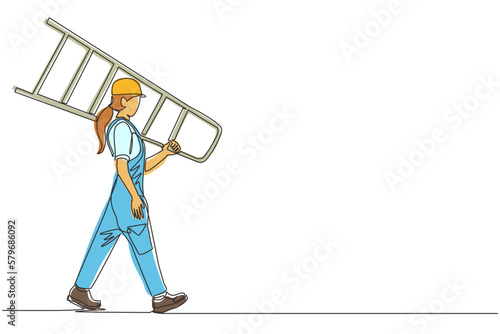 Continuous one line drawing repairwoman with ladder. Handywoman working on call. Carpenter handle activity on renovation home. Hard laborer job. Painter worker handywoman. Single line design vector