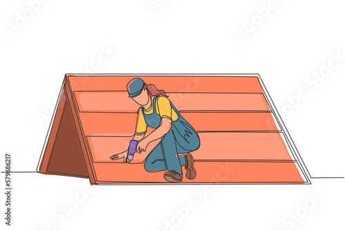 Continuous one line drawing roofer installing wooden or bitumen shingle. Roofer woman fixing house roof with electric screwdriver. Repairwoman worker repair occupation. Single line draw design vector
