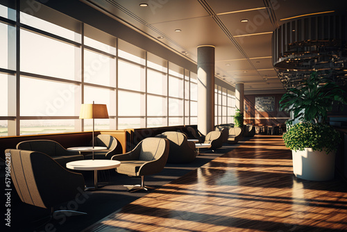 The interior of an airport lounge with large windows. Generative AI.