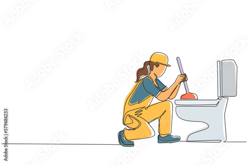Single continuous line drawing toilet cleaning, plumbing service. Plumbing toilet leakage or clogging. Plumber repairwoman. Sewage system. Toilet bowl and sewer. One line draw graphic design vector