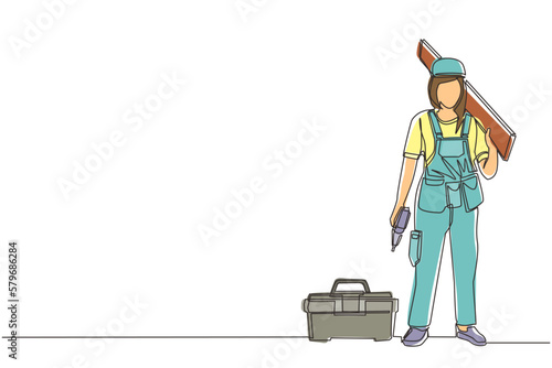 Single continuous line drawing timber frame house construction worker. Repairwoman standing with board, tool box, and drill. Building, construction, repair work services. One line draw design vector