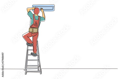 Single continuous line drawing air conditioning repair. Repairman technician man repairing air conditioner. Air conditioning unit repair, maintenance professional service. One line draw design vector