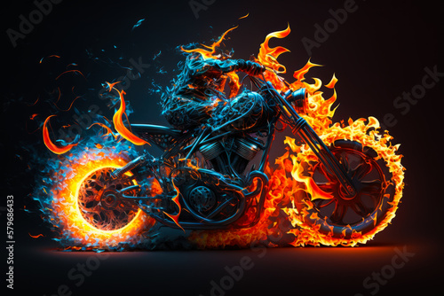 An image of motorcycle with flames and fire. Generative AI.