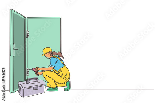 Single one line drawing door service. Repairwoman in the uniform with special equipment repair door element. Locksmith woman fix lock. Construction services. Continuous line draw design graphic vector