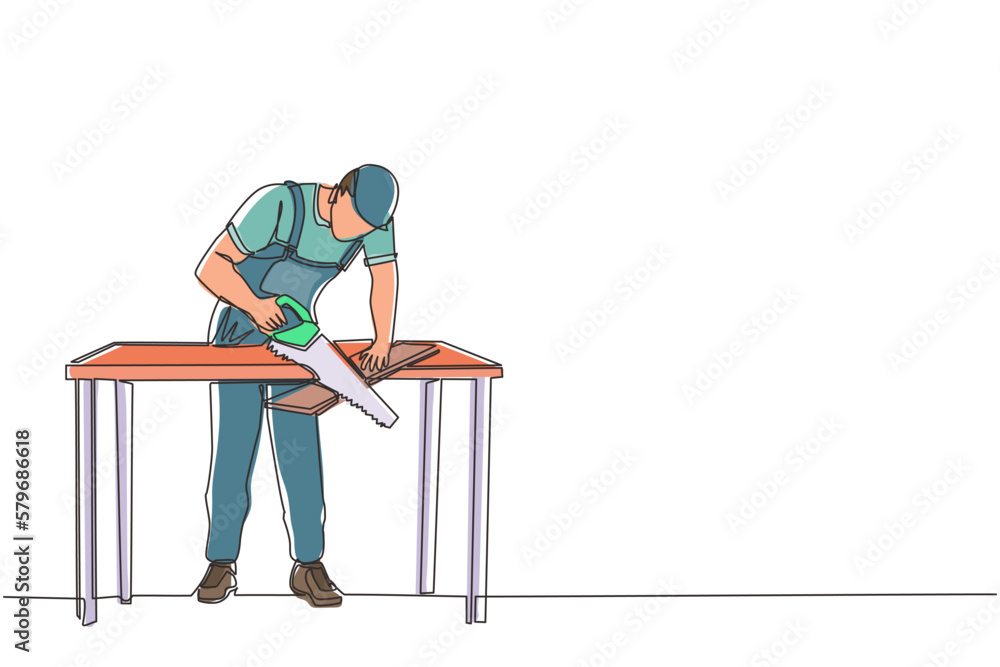 Fototapeta premium Single continuous line drawing builder or carpenter repairman sawing boards. Building, construction and repair work services. Business concept. Dynamic one line draw graphic design vector illustration