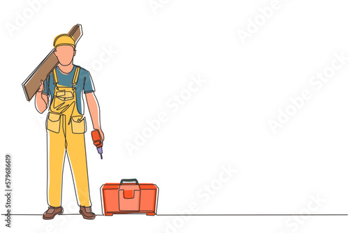 Single one line drawing timber frame house construction worker. Repairman standing with board, tool box, and drill. Building, construction, repair work services. Continuous line draw design vector