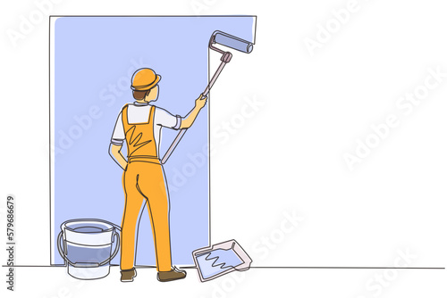 Single one line drawing man painting wall with roller. Vector concept illustration on home repair, renovation, freshen up. Male painter professional at work. Modern continuous line draw design graphic