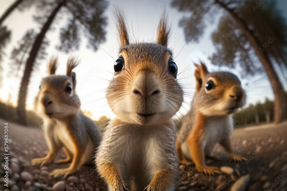 The three squirrels look curious as they discover the hidden wildlife camera in the forest. Beautiful natural animal portrait with fisheye effect and selective focus. Made with generative AI. The three squirrels look curious as they discover the hidden wildlife camera in the forest. Beautiful natural animal portrait with fisheye effect and selective focus. Made with generative AI.