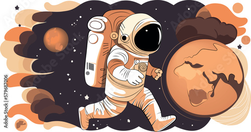 Astronaut explores space being desert planet. Astronaut space suit performing extra cosmic activity space against stars and planets background. Human space flight. Modern vector illustration