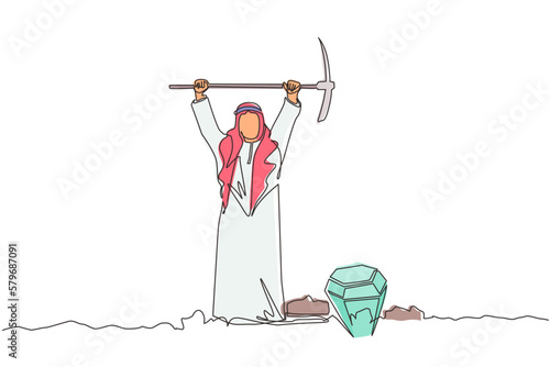 Single continuous line drawing Arabic businessman in hole prancing happily while lifting pickaxe with both hands and finding diamond or precious stone. One line draw graphic design vector illustration