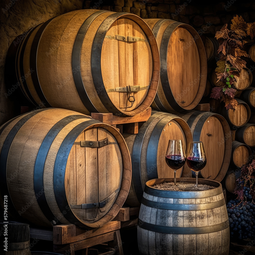 Wine barrels and wine glasses in vineyard. Generative AI.